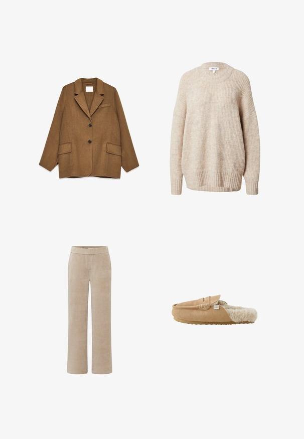 Blazer en mélange de laine brun avec revers en notch, design à un bouton, deux poches avant et une poche poitrine. Équipé de boutons noirs.; Pull en tricot beige avec un col rond, des épaules tombantes et des poignets et un ourlet côtelés. Il offre une coupe légèrement ample et texturée.; Pantalon en velours côtelé beige à jambe droite avec une taille élastique, sans poches ni boutons visibles, présenté sur un fond blanc.; Chausson mule en daim marron clair avec doublure en fausse fourrure crème douce et semelle en caoutchouc plate, vue de côté.