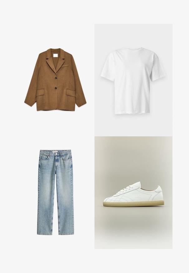 Blazer en mélange de laine brun avec revers en notch, design à un bouton, deux poches avant et une poche poitrine. Équipé de boutons noirs.; T-shirt blanc uni à manches courtes et col rond, présenté à plat sur un fond gris clair.; Jean en denim bleu clair à jambes droites avec poches avant et arrière, fermeture par bouton et fermeture éclair, et une étiquette Marc O'Polo sur la ceinture.; Baskets basses en cuir blanc avec semelle beige, lacets et motifs cousus subtils sur fond neutre.