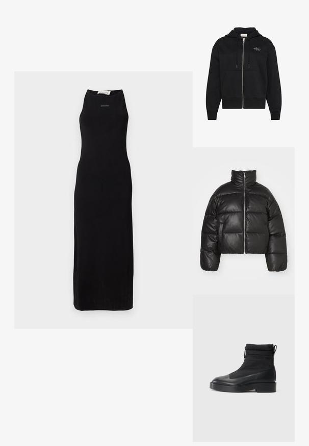 Sort cropped puffer jakke lavet af glat læder, med høj krave, frontlynlås og puffede quiltede sektioner.; Sort hættetrøje med lynlås, frontlommer, snøre og lille Calvin Klein-logo på venstre bryst.; Sort ærmeløs maxikjole i et glat stof med en høj halsudskæring og en enkel silhuet. Diskret branding på brystet.; Sorte ankelstøvler med en struktureret quiltet stofoverdel, glat læder tåhætte og en kraftig sort platformsål. Har en lynlås lukning og snoretræk.