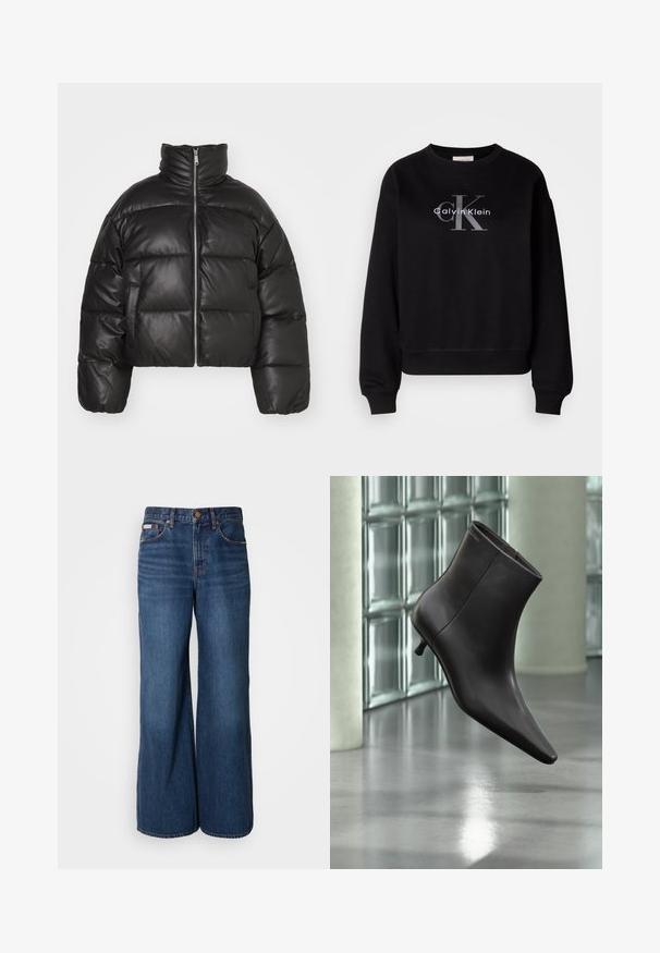 Sort cropped puffer jakke lavet af glat læder, med høj krave, frontlynlås og puffede quiltede sektioner.; Sort sweatshirt lavet af bomuld, med rund hals og løs pasform. Viser et stort gråt logo med "Calvin Klein" og "CK" på forsiden.; Bredde jeans lavet af mørkeblåt denim. Funktioner inkluderer en høj talje, fem lommer og kontrasterende orange syninger langs sømmene.; Sort læderankelstøvle med spids tå og lille hæl vist mod en væg af glasblokke og poleret gulv baggrund.