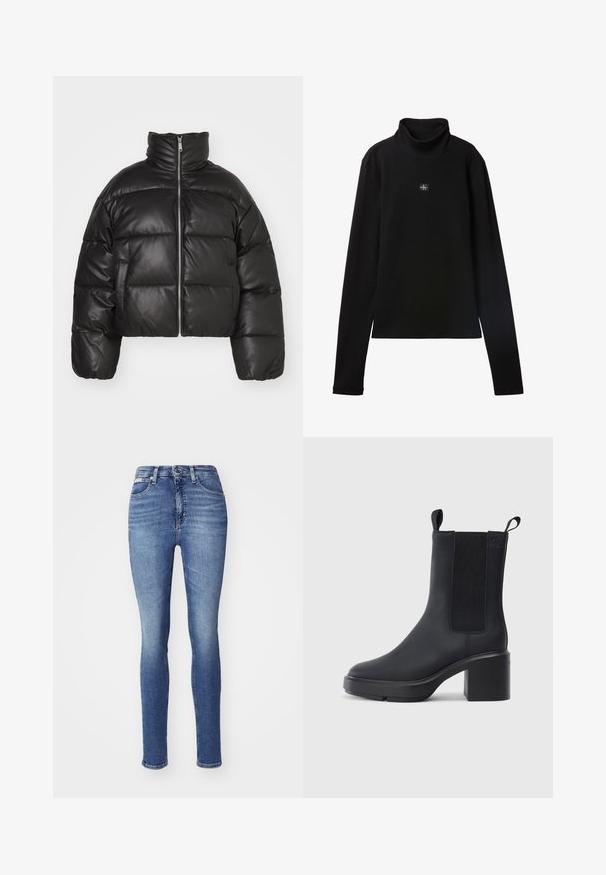 Sort cropped puffer jakke lavet af glat læder, med høj krave, frontlynlås og puffede quiltede sektioner.; Sort ribstrikket bluse med lange ærmer og lille firkantet Calvin Klein-logo placeret centralt på brystet.; Smal jeans i mediumblå denim, med høj talje, fem lommer og let falmet effekt. Syning i kanten med standard knap- og lynlåslukning.; Sorte ankelstøvler i glat gummimateriale, med elastiske sidepaneler, blokhæle og trækskilt øverst for nem påtagning.