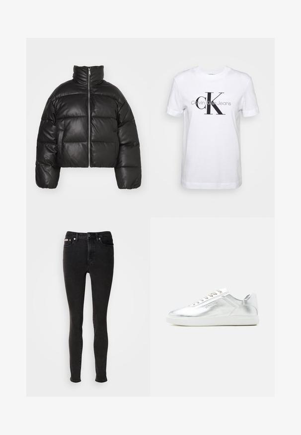 Sort cropped puffer jakke lavet af glat læder, med høj krave, frontlynlås og puffede quiltede sektioner.; Hvid bomulds T-shirt med korte ærmer, prydet med et stort sort "CK" logo og teksten "Calvin Klein Jeans" nedenfor i grå.; Sorte skinny jeans lavet af denim med en glat tekstur, der har fem-lomme-design, bæltestropper og lukning med metalknap.; Lavtskåret metallic sølv sneaker med hvid sål og snørebånd, glat tekstur og subtil præget branding på siden.