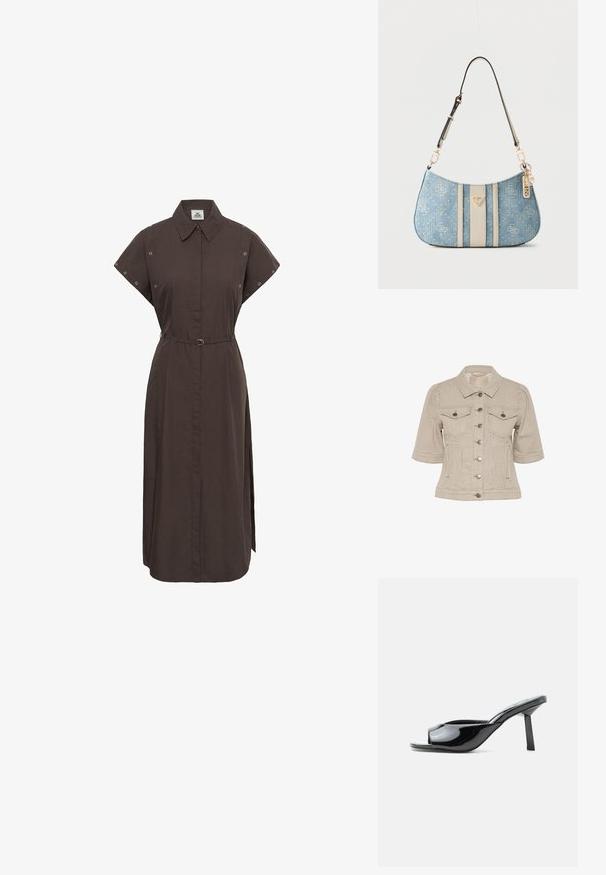 Raidallinen beige farkkutakki, jossa on lyhyet hihat, napitettava etuosa, kaksi rintataskua ja hopeanväriset yksityiskohdat.; Tummanruskea midi-pitkä paitamekko, jossa on lyhyet hihat, napit edessä, kaulus, silmäreikäkäsittely hihansuissa ja kapea vyö vyötäröllä.; Kiiltävä musta avonainen mule-kengän malli, jossa on neliömäinen keskipitkä korko ja kaareva hihna jalan etuosassa valkoisella taustalla.; Vaaleansininen denim-olkalaukku, jossa beiget pystysuorat raidat, kultainen logoplaatti ja kultaiset merkin koristeet, jotka roikkuvat hihnassa.