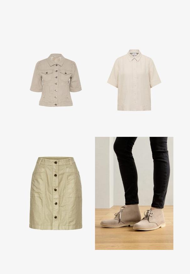 Stribet beige denimjakke med korte ærmer, knaplukning foran, to brystlommer og sølvfarvede hardwaredetaljer.; Beige kortærmet skjorte med knapper, spids krave og løs pasform.; Lysbeige linned nederdel med knaplukning foran, to sidelommer og stikninger for tekstur.; Beige ruskind ankelstøvler med en rund tå, snørebåndsdesign og kontrasterende syninger, båret med sorte tætsiddende bukser på et trægulv.