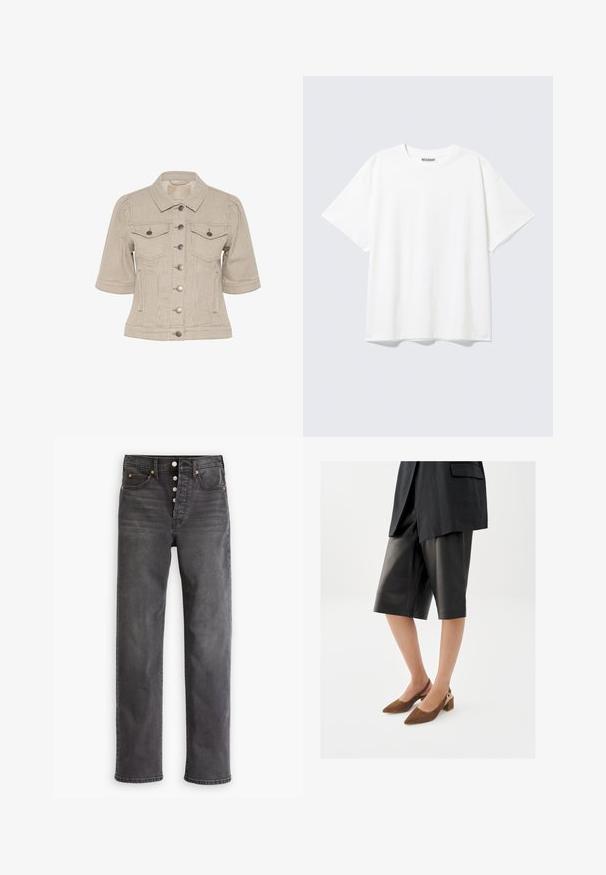 Stribet beige denimjakke med korte ærmer, knaplukning foran, to brystlommer og sølvfarvede hardwaredetaljer.; Hvid T-shirt med korte ærmer og rund halsudskæring med en afslappet pasform og et "WEEKDAY" mærke på indersiden af nakken bagtil.; Grå denimjeans med høj talje, lige ben, fem lommer og knaplukning. Har kobberfarvet syning og diskret falming.; Kvinde iført sorte lædershorts til knæet, en sort blazer og brune ruskindssko med lav blokhæl og slingback.