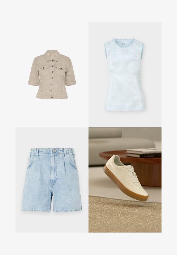 Stribet beige denimjakke med korte ærmer, knaplukning foran, to brystlommer og sølvfarvede hardwaredetaljer.; Ærmeløs lyseblå og hvid gingham-mønstret top med rund halsudskæring og subtile flæsekant på hvid baggrund.; Lyseblå denimshorts med høj talje, der har frontfolder, to sidelommer og lukning med knap. Blødt, struktureret stof.; Hvid sneaker med gummisål svæver over beige tæppe i stuen med træbord og stablede bøger i baggrunden.