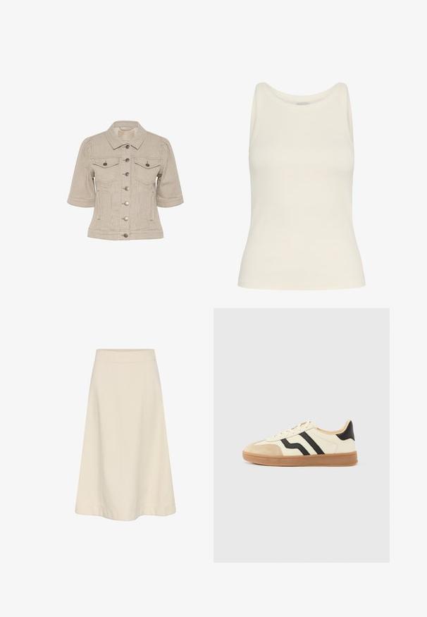 Stribet beige denimjakke med korte ærmer, knaplukning foran, to brystlommer og sølvfarvede hardwaredetaljer.; Kremfarvet top i ribstrikket stof, med rund halsudskæring og ærmeløs design, tætsiddende silhouet og glat tekstur.; Beige A-formet nederdel i knælængde med tilpasset linning, enkelt design og ingen synlige lukninger eller mønstre, vist på hvid baggrund.; Snørestøvler med en cremefarvet overdel med sorte striber og en ruskindsnæsetip, suppleret med en brun gummisål.