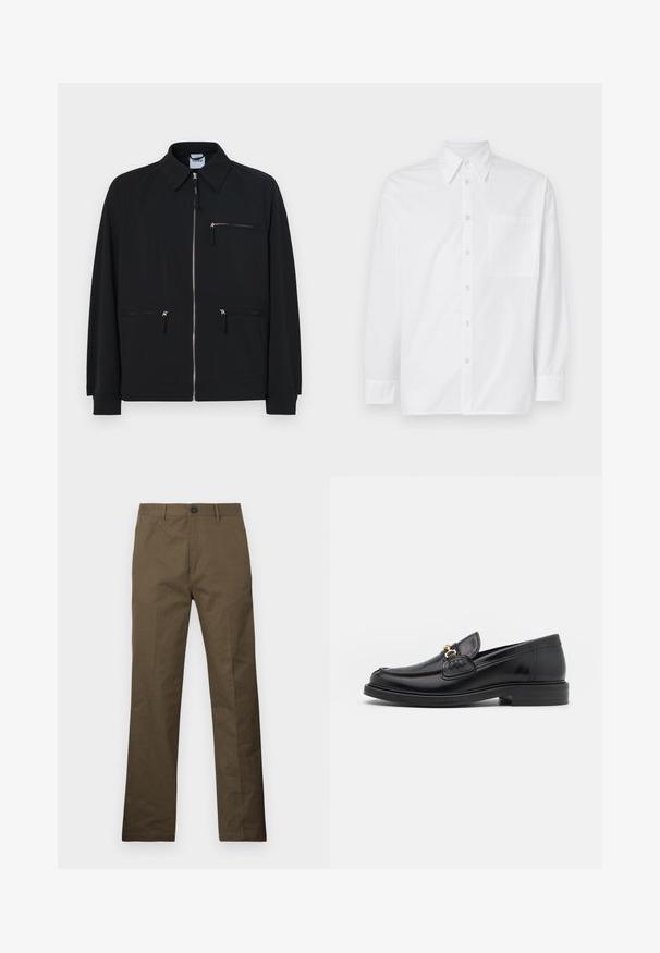Veste noire en tissu léger, dotée d'une fermeture éclair à l'avant, de deux poches latérales et d'une poche poitrine zippée en haut.; Chemise blanche à manches longues en coton. Elle possède un col classique, une fermeture à boutons sur le devant et une poche poitrine simple du côté gauche.; Pantalon en coton brun à coupe droite, avec une fermeture à bouton et des poches latérales, exposé sur un fond blanc.; Mocassins en cuir noir avec un embout rond, présentant des accents en métal doré et des détails de couture, montés sur une semelle en caoutchouc texturé et basse.