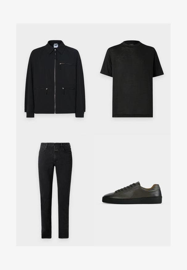 Veste noire en tissu léger, dotée d'une fermeture éclair à l'avant, de deux poches latérales et d'une poche poitrine zippée en haut.; T-shirt noir à manches courtes avec un col montant, présentant une texture lisse et une légère brillance, fabriqué en tissu léger. Aucun logo visible.; Jean slim noir avec cinq poches, fermeture par bouton et passants de ceinture posés à plat sur un fond clair.; Basket basse en cuir gris foncé avec lacets et semelle noirs, design minimaliste, profil latéral sur un fond clair uni.