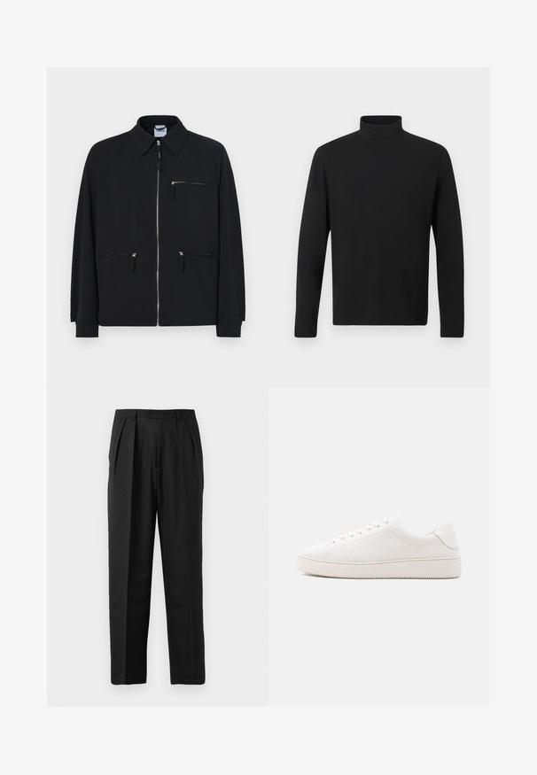 Veste noire en tissu léger, dotée d'une fermeture éclair à l'avant, de deux poches latérales et d'une poche poitrine zippée en haut.; Chandail à col roulé noir en tissu lisse. Doté de manches longues et d'un col haut. Design simple sans motifs ni accents supplémentaires.; Pantalons plissés noirs au design sur mesure, confectionnés en tissu lisse, avec une fermeture à bouton et une coupe droite.; Baskets en cuir blanc à finition lisse, bout rond, laçage à six œillets et semelle en caoutchouc texturée. Design minimaliste sans motifs.