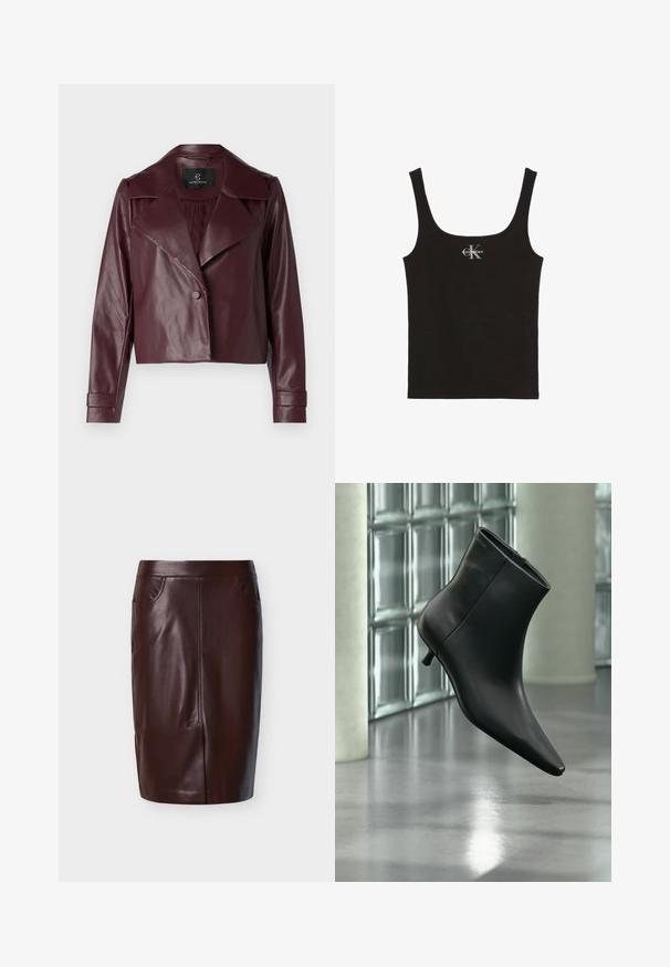 Veste courte en cuir bordeaux avec un col en V, fermeture à boutons et manches longues. Texture lisse avec des épaules et des poignets structurés.; Débardeur noir côtelé avec larges bretelles et logo Calvin Klein blanc au centre de la poitrine, sur fond blanc.; Jupe crayon en cuir marron à texture lisse, avec deux poches latérales et des détails de couture à l'avant, conçue pour une coupe ajustée.; Bottine en cuir noir à bout pointu et petit talon kitten, présentée en angle devant un sol poli et un mur en blocs de verre.