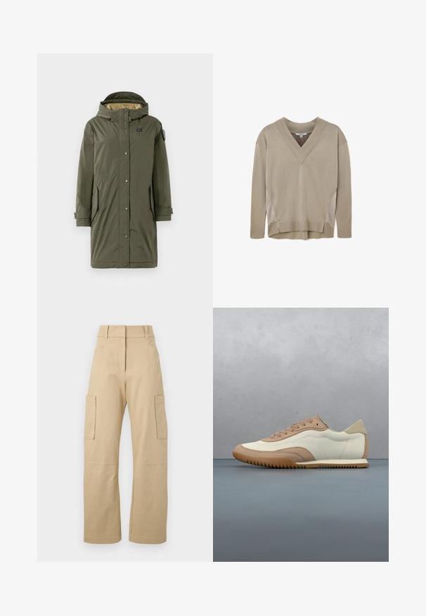 Olivi vihreä parka-takki, jossa on huppu, napit edessä, kaksi sivutaskua ja sileä pinta. Vuori kevyttä vaaleaa kangasta.; Beige pitkähihaine V-pääntie villapaita, jossa on ribbed hihansuut ja helma, sivupaneelit ja lievä korkeampi takahieman yksityiskohta.; Beige cargo-housut, jotka on valmistettu puuvillasta. Niissä on korkea vyötärö, leveät lahkeet, kaksi sivutaskua ja kaksi suurta cargo-taskua reiden kohdalla.; Kermanvärinen ja beige tennari, jossa on teksturoitu päällinen, nauhat ja kumipohja, esillä puisella alustalla, jonka ympärillä on pieniä kiviä.