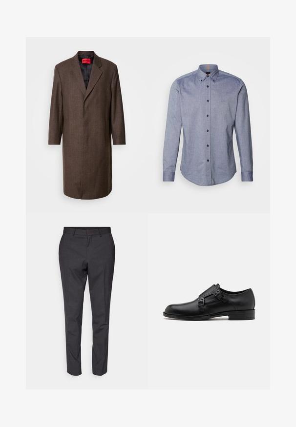 Hnedý kabát v rybí vzor s klopami a dvoma bočnými vreckami, s čiernou podšívkou a červenou značkovou nálepkou vo vnútri.; Modrá košeľa s button-up zapínaním z ľahkého materiálu. Má rozšírený golier, dlhé rukávy a malé logo na hrudi. Zapínanie na prednej strane na gombíky.; Šedé strihové nohavice s hladkou textúrou, slim fit a zúženými nohavicami, s plochým predným dielom a pútkami na opasok pre doplnkový detail.; Čierne kožené spoločenské topánky s dvojitými prackami, elegantným siluetou a okrúhlou špičkou. Majú nízky opätok a hladký povrch.