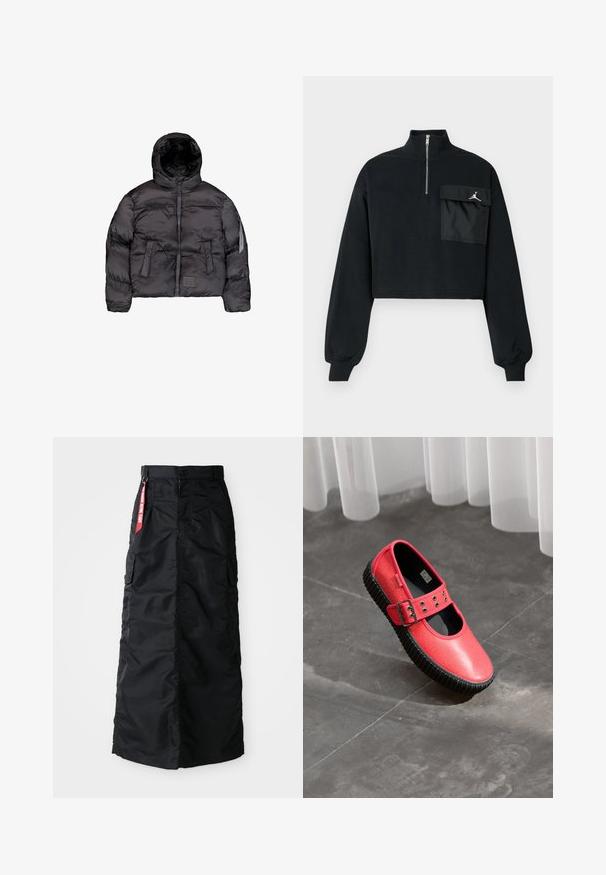 Zwarte pufferjack met capuchon, voorzien van een ritssluiting aan de voorkant, gequiltde textuur en twee grote voorzakken. Zijritszak voor extra opslag.; Zwarte cropped sweatshirt met lange mouwen, ribgebreide manchetten, een halve rits kraag en een grote klepzak met het witte Jumpman-logo op de borst.; Zwarte lange rok met een voorkant met knopen en rits, zij cargo zakken en een rode 'Remove Before Flight' stoffen label op de tailleband.; Rode Mary Jane-schoen met een dikke, grofgeribde zwarte zool en een gespstrap, rustend op een grijze tegelvloer dichtbij sheer witte gordijnen.