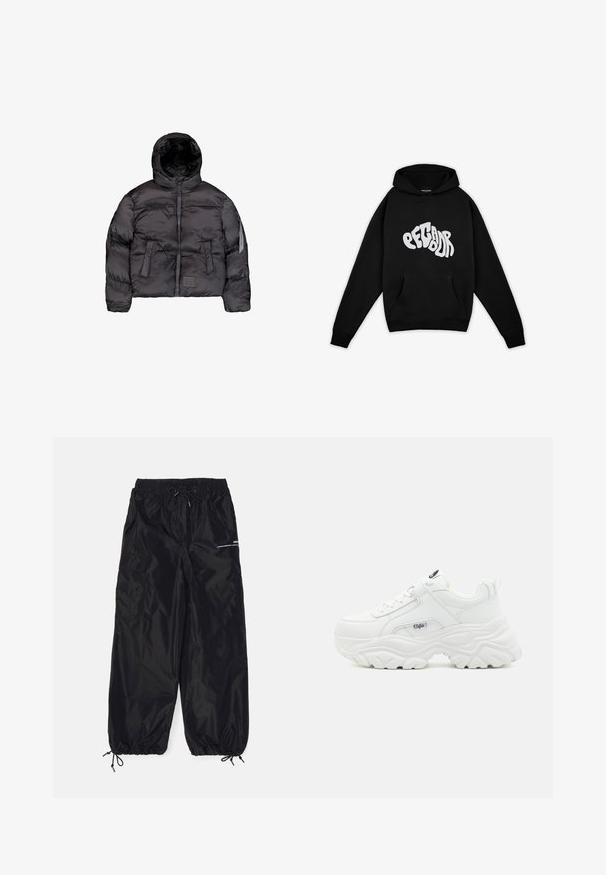 Sort dunjakke med hætte, der har en frontlynlås, quiltet tekstur og to store frontlommer. Lomme i siden med lynlås til ekstra opbevaring.; Pegador PALUMA OVERSIZED HOODIE - Sweatshirt - black; Sorte cargobukser lavet af blank nylon med elastisk talje, justerbar snor, sidelommer og elastiske manchetter.; Hvide chunky sneakers med en glat læderoverdel, rund tå og tyk tekstureret sål med et synligt brandlogo på siden.