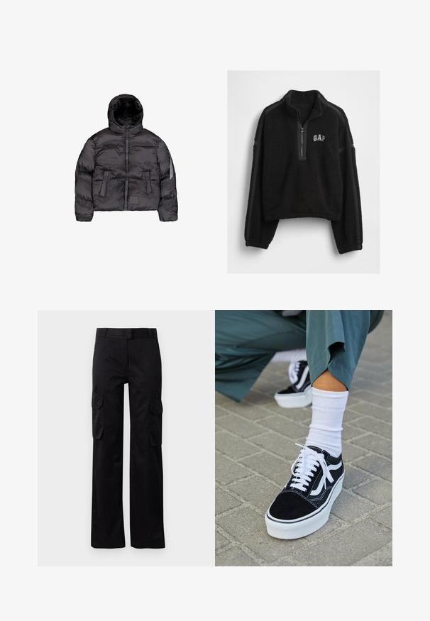 Sort dunjakke med hætte, der har en frontlynlås, quiltet tekstur og to store frontlommer. Lomme i siden med lynlås til ekstra opbevaring.; Sort fleece pullover med halv lynlås, kontrasterende stofsider og et lille "GAP" logo på brystet. Blød tekstur, afslappet pasform.; Sorte cargo bukser lavet af slidstærkt stof, med to sidelommer og et lige ben-design. Glat tekstur med en klassisk pasform.; Sorte ruskinds sneakers med hvide accenter og snørebånd, der har en tyk hvid sål og kontrasterende syninger, parret med en hvid sok.