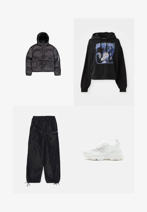 Sort dunjakke med hætte, der har en frontlynlås, quiltet tekstur og to store frontlommer. Lomme i siden med lynlås til ekstra opbevaring.; Sort cropped hoodie lavet af bomuld med snøre i hætten. Har et grafisk print i blå, der viser tegn og tekst.; Sorte cargobukser lavet af blank nylon med elastisk talje, justerbar snor, sidelommer og elastiske manchetter.; Hvid chunky sneaker med snørebånd foran, blomsterformede mesh-sider og tyk skulptureret sål, vist fra venstre side på ensfarvet baggrund.