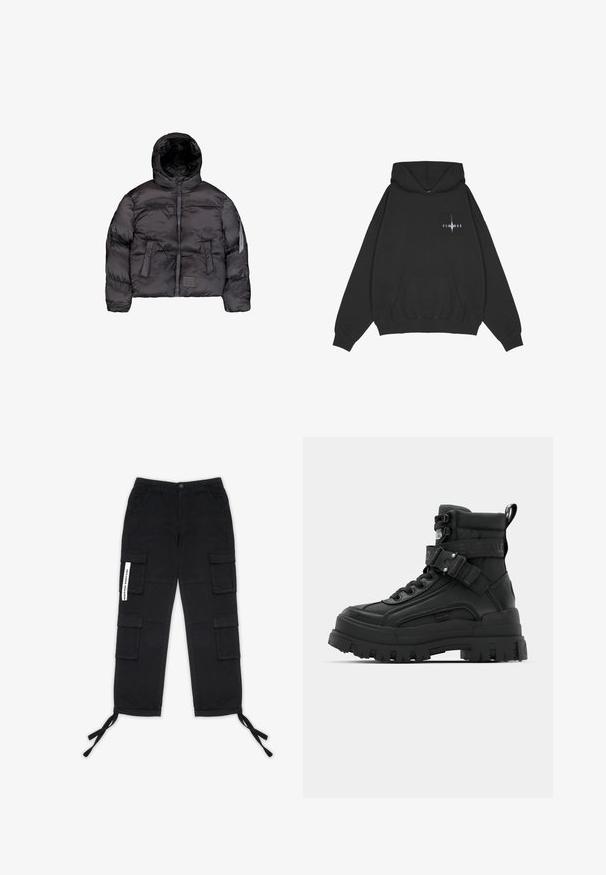 Sort dunjakke med hætte, der har en frontlynlås, quiltet tekstur og to store frontlommer. Lomme i siden med lynlås til ekstra opbevaring.; Pegador Hættetrøje - washed black; Pegador TANAMI WIDE PANTS - Cargobukser - black; Sorte ankelstøvler med en tekstureret overdel, kraftig sål, snørelukning og justerbar rem med logo-detalje. Gummisal med udtalt dækmønster.