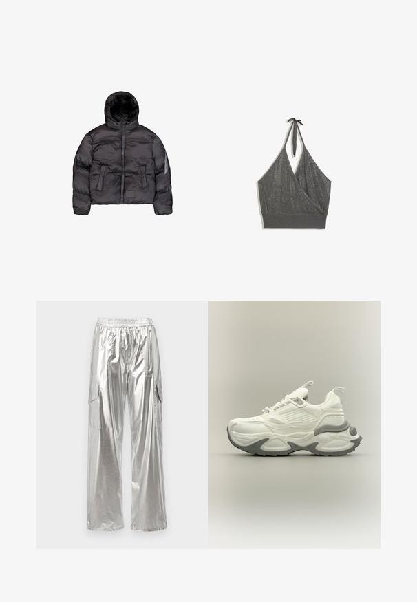 Sort dunjakke med hætte, der har en frontlynlås, quiltet tekstur og to store frontlommer. Lomme i siden med lynlås til ekstra opbevaring.; Grå halterneck strikket croptop med omslag foran og bred ribbet kant på hvid baggrund.; MCM METALLIC PANTS - Cargobukser - silver; Hvid og grå chunky sneaker med tekstureret sål, trækflapper på tunge og hæl samt detaljeret paneldesign på overdelen.
