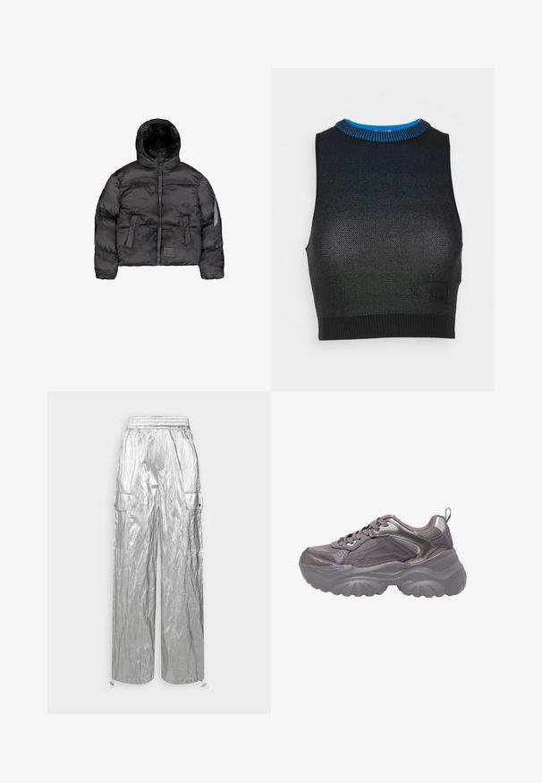 Zwarte pufferjack met capuchon, voorzien van een ritssluiting aan de voorkant, gequiltde textuur en twee grote voorzakken. Zijritszak voor extra opslag.; Missoni Sport Top - black/green/blue; mbyM MARELLA - Broek - silver; Stevige paars-grijze sneaker met gestructureerd mesh en synthetische bovenkant, dikke geribbelde zool, vetersluiting en achterste trekhaak.
