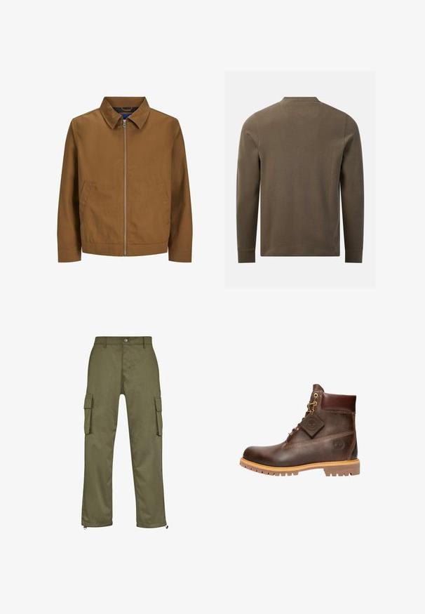 Veste zippée marron avec un col, des manches longues et deux poches avant ; texture lisse et design minimaliste sans motifs visibles.; Chemise texturée vert olive à manches longues, vue de dos avec un col rond et des poignets simples sur fond blanc.; Pantalons cargo verts olive avec une coupe droite, deux poches latérales et des fermetures éclair au niveau des chevilles. Fabriqués à partir de tissu durable.; Bottine en cuir marron avec un bout rond, une semelle robuste, des éléments en doré et un dessus texturé. Comprend une étiquette de logo attachée.