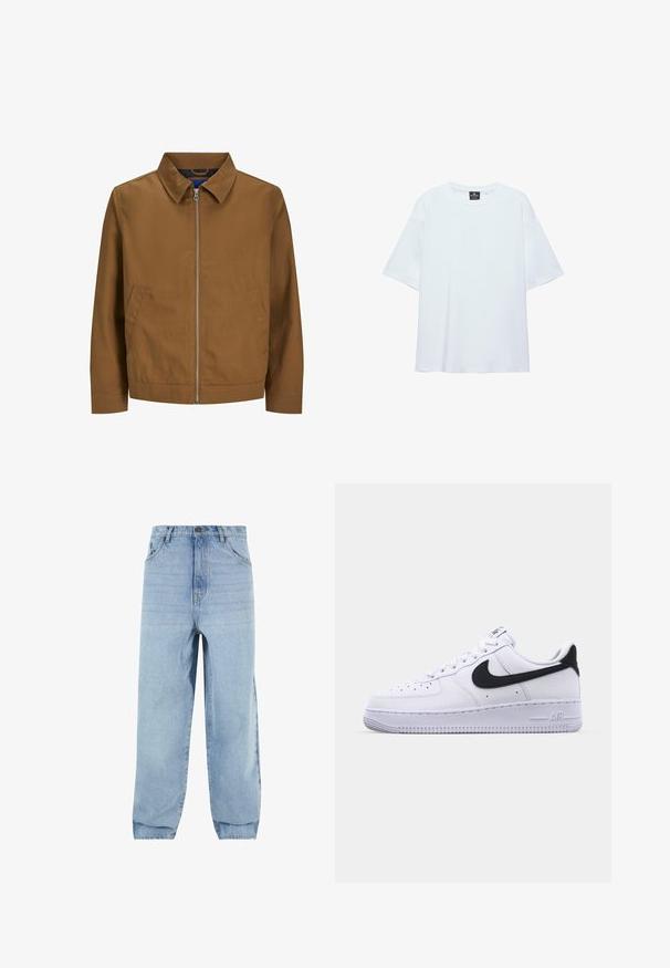 Veste zippée marron avec un col, des manches longues et deux poches avant ; texture lisse et design minimaliste sans motifs visibles.; T-shirt blanc uni oversize à manches courtes avec col rond et étiquette noire à l'intérieur du col sur fond blanc.; Jeans en denim bleu clair avec une coupe ample, taille haute et cinq poches. Dotés de passants de ceinture et d'une fermeture à bouton. Texture douce.; Sneaker en cuir blanc avec un Swoosh noir texturé, des lacets plats et une semelle en caoutchouc avec un motif strié. "AIR" est embossé sur le talon.