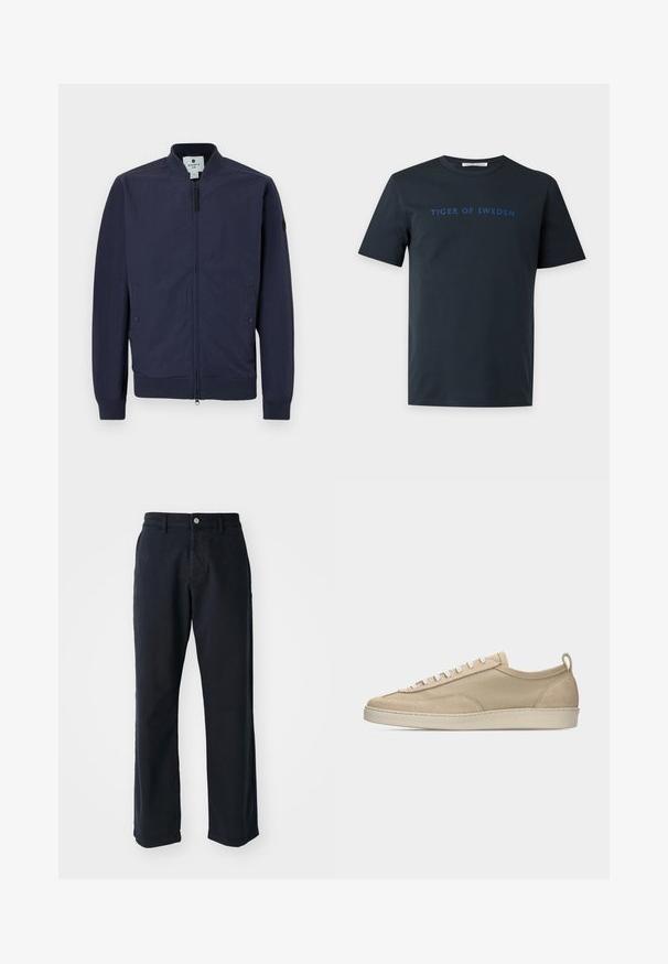 Veste bombardier navy avec fermeture éclair, poignets et ourlet côtelés, et deux poches latérales. Fabriquée en matériau lisse et léger.; T-shirt noir à manches courtes et col rond avec "TIGER OF SWEDEN" imprimé en bleu sur la poitrine.; Pantalons en coton bleu marine à coupe droite, dotés d'une fermeture à bouton à l'avant et de deux poches latérales. Texture lisse, sans motifs visibles.; Baskets beige basses avec tige en tissu et daim, lacets blancs, semelle en caoutchouc et languette à l'arrière, présentées en profil latéral sur fond blanc.