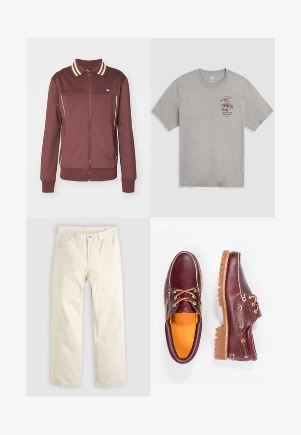 Ellesse MERANA - Μπουφάν προπόνησης - brown; Ανοιχτό γκρι μπλουζάκι με στρογγυλή λαιμόκοψη, με μικρό μπορντό σχέδιο φρυγανιέρας κάτω από μια ομπρέλα και το κείμενο «Keeping them buns toasty since 1873» στο αριστερό στήθος.; Χακί βαμβακερό παντελόνι με άνετη εφαρμογή, ίσια μπατζάκια και μπροστινές τσέπες. Διαθέτει κλείσιμο με κουμπιά και απλό, καθαρό σχέδιο.; Μπορντώ δερμάτινα παπούτσια με καφέ ελαστικές σόλες, στρογγυλή μύτη, λευκή ραφή και χρυσές τρύπες κορδονιών. Η εσωτερική επένδυση διαθέτει κίτρινη φόδρα.