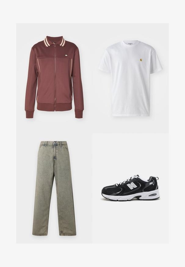 Ellesse MERANA - Μπουφάν προπόνησης - brown; Λευκό βαμβακερό T-shirt με κοντά μανίκια, κλασική λαιμόκοψη, που διαθέτει ένα μικρό χρυσό λογότυπο στην αριστερή περιοχή του στήθους. Μαλακή υφή και κανονική εφαρμογή.; Πλατιές τζιν παντελόνες σε ξεθωριασμένο γκρι χρώμα, με κουμπωτή ζώνη και κλασικό σχέδιο πέντε τσέπες, με ορατές ραφές.; Μαύρα και γκρι αθλητικά παπούτσια με ανώτερο μέρος από δίχτυ και σουέτ, διαθέτοντας λευκή ενδιάμεση σόλα, κορδόνια και έντονο λογότυπο "N" στο πλάι.