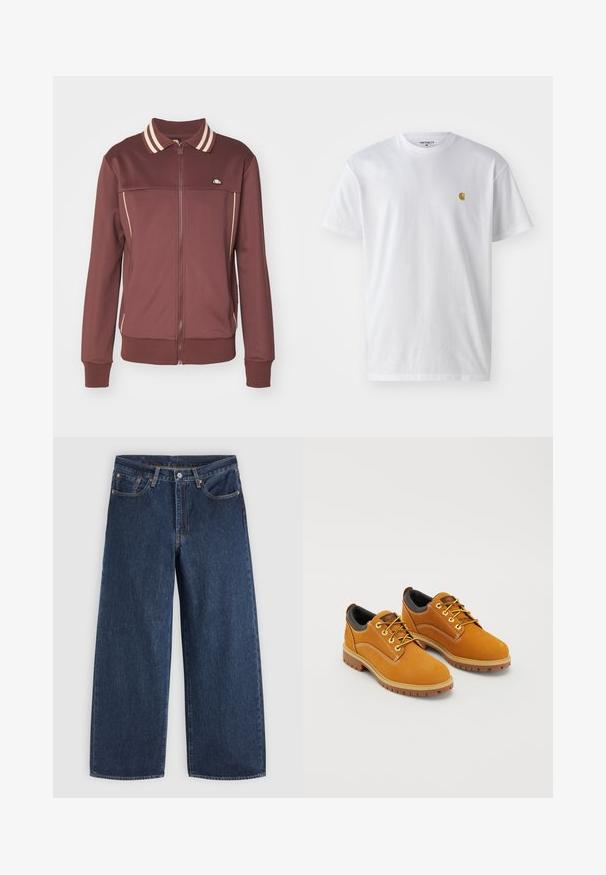 Ellesse MERANA - Μπουφάν προπόνησης - brown; Λευκό βαμβακερό T-shirt με κοντά μανίκια, κλασική λαιμόκοψη, που διαθέτει ένα μικρό χρυσό λογότυπο στην αριστερή περιοχή του στήθους. Μαλακή υφή και κανονική εφαρμογή.; Σκούρο μπλε τζιν παντελόνι με φαρδιά πόδια, μπροστινές τσέπες, κλείσιμο με κουμπιά και θηλιές για ζώνη, απλωμένο επίπεδα σε ανοιχτό φόντο.; Καφέ σουέτ παπούτσια με στρογγυλή μύτη, κίτρινες κορδόνες, μαξιλαρένιο μαύρο κολάρο και ελαστικές σόλες με αυλακώσεις για πρόσφυση.