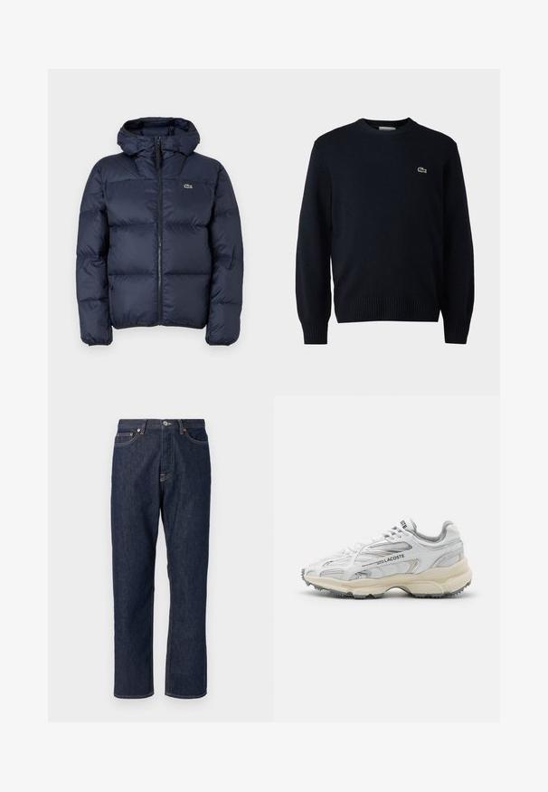 Marinblå polstret jakke med lynlås foran og hætte. Har quiltet design og lille broderet logo på brystet. Glat, syntetisk stof.; Marine crew-neck sweater lavet af blødt materiale, med ribbede manchetter og kant. Lille grønt Lacoste-logo på brystet.; Mørkeblå denim jeans med lige ben-design. Har knappelukning og lynlås, fem lommer og kontraststikningsdetaljer.; Hvide sportssko med grå detaljer, overdel i mesh og syntetiske materialer, snørebåndsdesign og tekstureret gummisål med grebemønstre.