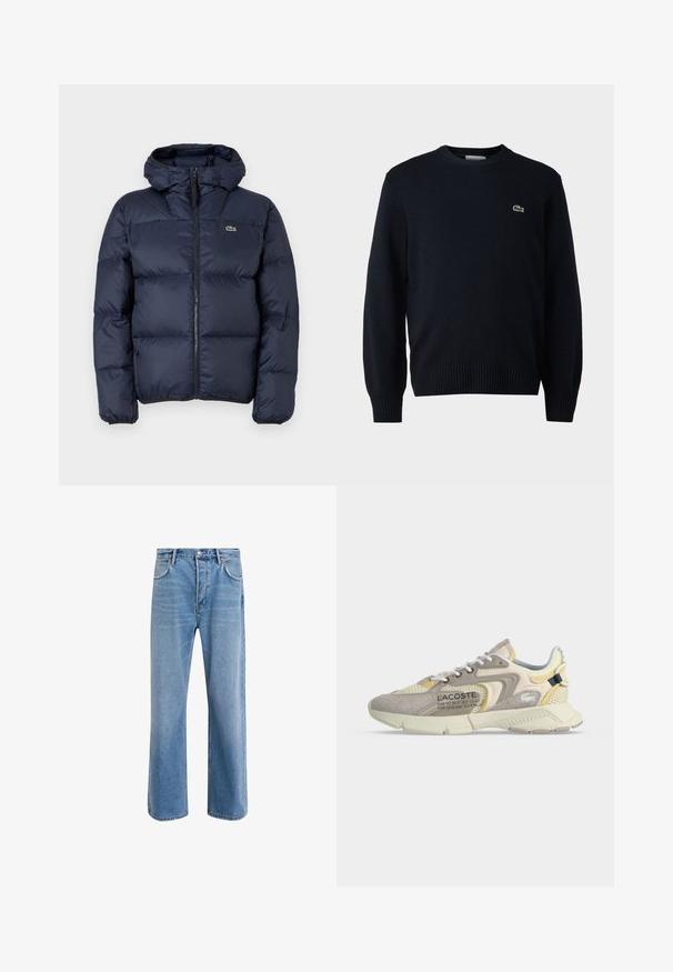 Marinblå polstret jakke med lynlås foran og hætte. Har quiltet design og lille broderet logo på brystet. Glat, syntetisk stof.; Marine crew-neck sweater lavet af blødt materiale, med ribbede manchetter og kant. Lille grønt Lacoste-logo på brystet.; Lyseblå denim jeans med lige ben-design, fem lommer, knaplukning, minimal falming og kontraststingdetaljer.; Beige og cremefarvet Lacoste-sneakers med mesh- og ruskindsoverlays, hvide snørebånd og mærket tekst på siden, vist fra ydersiden.