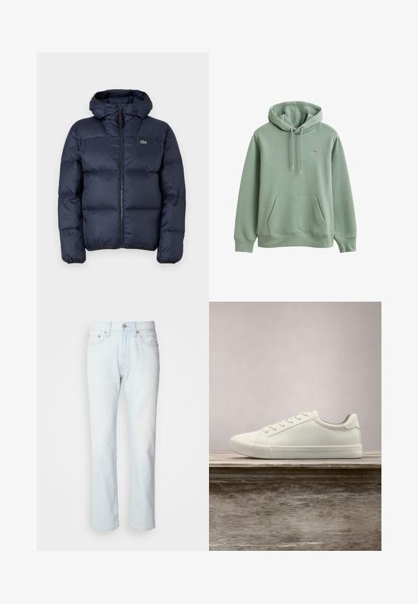 Tumesinine tepitud jakk, millel on ees lukuga sulgumine ja kapuuts. Omab tikandiga väikest logo rinnal ning sileda sünteetilise kanga disaini.; Heleroheline pullover stiilis kapuutsiga dressipluus esist taskut, reguleeritava nööriga kapuutsi, soonikkoes varrukasääred ja väike tikitud logo rinnal.; Heledad sinine teksapüksid sirge lõikega. Omab nup closure'i ja vöölõikeid, esitledes kulunud tekstuuri ja minimaalset õmblust.; Valged nööpidega ketsid, mis hõljuvad puidust pingil rohelise lehestiku taustal, näidates uue disaini ja tekstuuri.