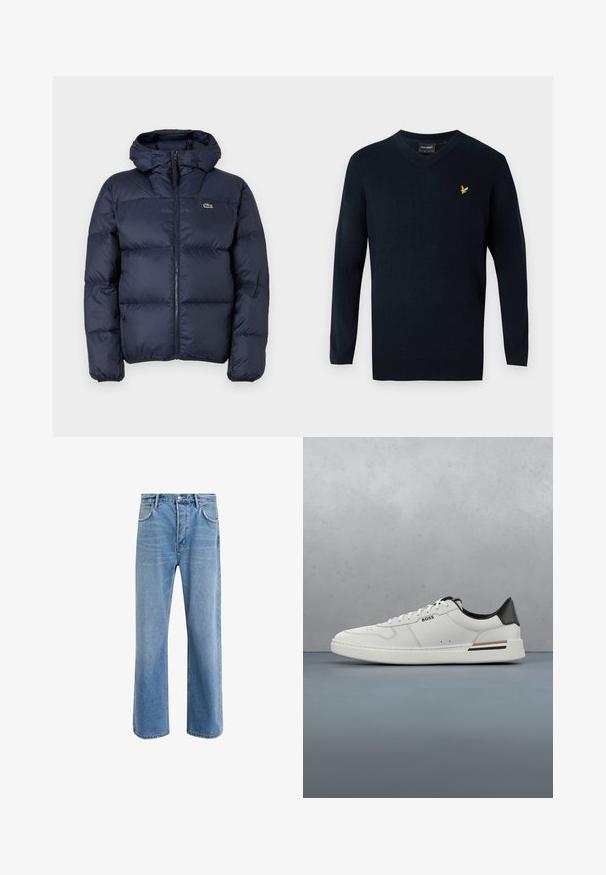 Marineblaue gepolsterte Jacke mit Reißverschluss vorne und Kapuze. Verfügt über ein gestepptes Design und ein kleines gesticktes Logo auf der Brust. Glattes, synthetisches Material.; Navy V-Ausschnitt-Pullover aus weichem Material, mit langen Ärmeln und einem kleinen gelben gestickten Logo auf der linken Brustseite.; Helle blaue Jeans im Geradeschnitt-Design, mit fünf Taschen, Knopfverschluss, minimaler Ausbleichung und kontrastierenden Nähdetails.; Weißer Sneaker mit niedrigem Schnitt und schwarzer Ferse, Schnürverschluss, dezenten Perforationen und "BOSS"-Logo an der Seite, gezeigt von der äußeren Seitenansicht.