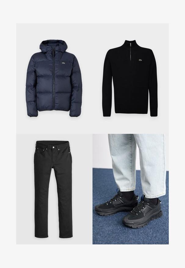 Marinblå polstret jakke med lynlås foran og hætte. Har quiltet design og lille broderet logo på brystet. Glat, syntetisk stof.; Sort letvægts sweater med halv-zip krave, ribbede manchetter og kant, med et lille grønt logo på brystet.; Sorte denimbukser med lige ben, der har lynlås i gylpen, fem lommer og metalknapdetaljer. Glat tekstur.; Sorte træningssko med tekstureret stof og gummisåler, udstyret med elastiske snørebånd og en blå detalje på hælen. Bæres med lyse denimbukser.