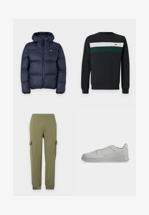 Marineblaue gepolsterte Jacke mit Reißverschluss vorne und Kapuze. Verfügt über ein gestepptes Design und ein kleines gesticktes Logo auf der Brust. Glattes, synthetisches Material.; Dunkles Sweatshirt mit schwarzem Grundton, verziert mit grünen und weißen horizontalen Streifen über der Brust sowie einem kleinen gestickten Logo auf der linken Seite.; Cargo-Hosen aus leichtem, olivgrünem Stoff mit Seitentaschen, elastischem Bund und schmal zulaufenden Bündchen für eine bequeme Passform.; Weißer, flacher Lacoste-Sneaker mit Schnürsenkeln, geprägtem Logo an der Seite und strukturierter Sohle auf einfachem Hintergrund.