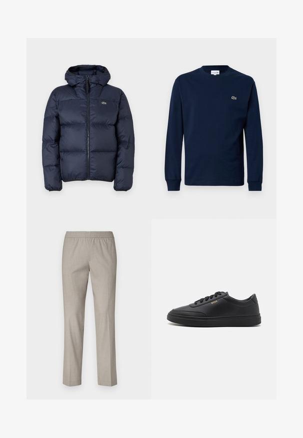 Marineblaue gepolsterte Jacke mit Reißverschluss vorne und Kapuze. Verfügt über ein gestepptes Design und ein kleines gesticktes Logo auf der Brust. Glattes, synthetisches Material.; Marineblaue Langarm-T-Shirt aus Baumwolle, mit Rundhalsausschnitt und einem kleinen grünen Krokodil-Logo auf der linken Brust.; Hellgraue Hose mit elastischem Bund, geradem Bein design und glatter Stoffoberfläche. Keine sichtbaren Muster oder Hardwaredetails.; Schwarze Leder-Sneaker mit glatter Textur, runder Zehenpartie, flacher Gummisohle und einfarbigen Schnürsenkeln. Mit goldfarbenem "BOSS" Logo an der Seite.