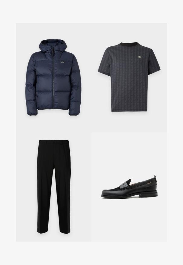 Marineblaue gepolsterte Jacke mit Reißverschluss vorne und Kapuze. Verfügt über ein gestepptes Design und ein kleines gesticktes Logo auf der Brust. Glattes, synthetisches Material.; Schwarzes Kurzarm-T-Shirt mit geometrischem Muster und grünem Krokodil-Logo, mit einem einfarbigen schwarzen Rundhalsausschnitt.; Schwarze Hosen aus glattem Stoff, mit geradem Schnitt, zwei vorderen Taschen und einem Reißverschluss mit Knopfverschluss.; Schwarzer Lederloafer mit grauem Riemendetail, niedrigem Absatz und strukturierter Sohle, seitlich mit „HUGO“ in Gold gebrandmarkt.