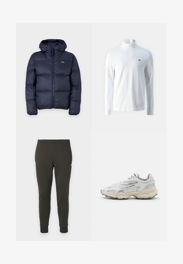 Marinblå polstret jakke med lynlås foran og hætte. Har quiltet design og lille broderet logo på brystet. Glat, syntetisk stof.; Hvid langærmet turtleneck trøje lavet af blødt stof, med et lille grønt broderet logo på brystet og tætsiddende mancher.; Mørkegrønne joggers lavet af blødt stof, med elastisk talje, ribbede manchetter og et lille logo på siden.; Hvide sportssko med grå detaljer, overdel i mesh og syntetiske materialer, snørebåndsdesign og tekstureret gummisål med grebemønstre.