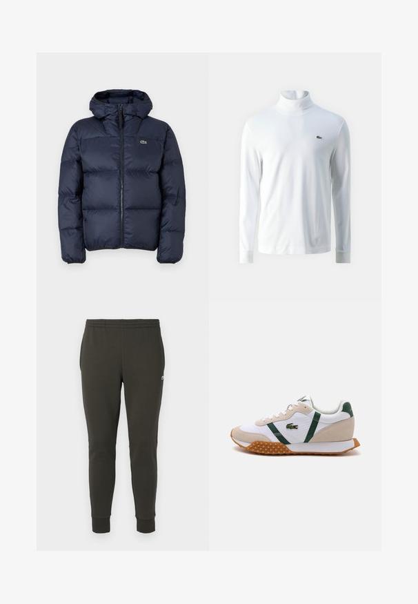 Marinblå polstret jakke med lynlås foran og hætte. Har quiltet design og lille broderet logo på brystet. Glat, syntetisk stof.; Hvid langærmet turtleneck trøje lavet af blødt stof, med et lille grønt broderet logo på brystet og tætsiddende mancher.; Mørkegrønne joggers lavet af blødt stof, med elastisk talje, ribbede manchetter og et lille logo på siden.; Hvid sportssko med beige ruskindsdetaljer, grønne striber og en orange gummisål med pigge for bedre greb. Lacoste-logo på siden.