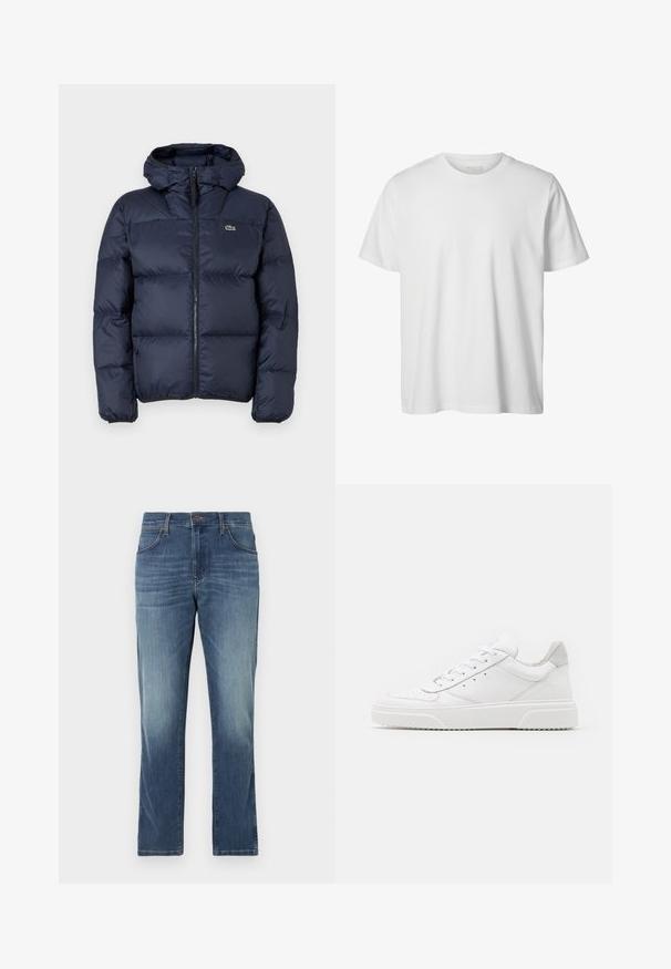 Marineblaue gepolsterte Jacke mit Reißverschluss vorne und Kapuze. Verfügt über ein gestepptes Design und ein kleines gesticktes Logo auf der Brust. Glattes, synthetisches Material.; Schlichtes weißes T-Shirt mit kurzen Ärmeln und Rundhalsausschnitt, lässiger Passform und ohne sichtbare Logos oder Designs auf der Vorderseite.; Denim-Jeans in einer mittelblauen Waschung mit geradem Bein, fünf Taschen und einem klassischen Knopf- und Reißverschlussverschluss. Verwaschene Details an den Oberschenkeln.; Weiße Leder-Sneaker mit glatter Oberfläche, rundem Zehenbereich, flachen Schnürsenkeln und strukturiertem Schuhsohlen. Graues Wildleder-Detail an der Ferse.