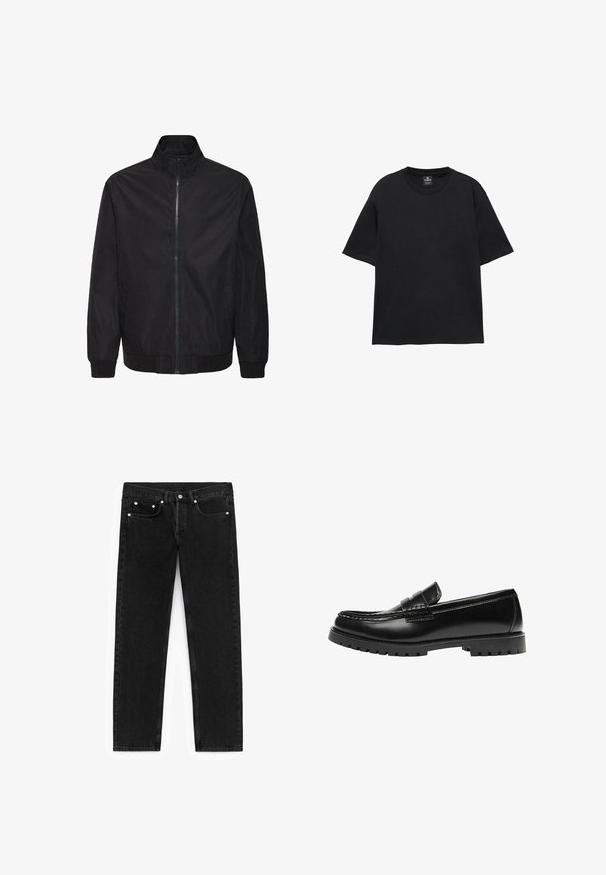 Veste noire zippée avec col montant, manches longues, poches latérales, poignets et ourlet côtelés, présentée sur un fond blanc.; T-shirt noir à manches courtes et col rond, coupe décontractée, avec une petite étiquette de la marque à l'intérieur de l'encolure.; Jean en denim noir avec une coupe droite, poches avant avec hardware argenté et un design classique à cinq poches.; Mocassin en cuir noir avec une semelle en caoutchouc épaisse et un détail classique de bride à monnaie, vu de côté extérieur.