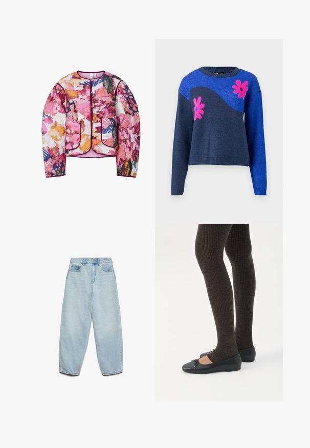 Chaqueta bomber acolchada con un patrón floral multicolor en rosa, naranja y azul, con puños acanalados y dos bolsillos frontales.; Suéter de punto azul con un diseño de olas en azul marino y patrones de flores rosas. Presenta un escote redondo y puños y dobladillo acanalados.; Vaqueros de mezclilla azul claro con un corte relajado, cintura alta y piernas anchas, con una textura ligeramente desgastada y un clásico diseño de cinco bolsillos.; Piernas con leggings oscuros acanalados combinados con bailarinas negras que presentan pequeños detalles de lazo sobre un fondo blanco.