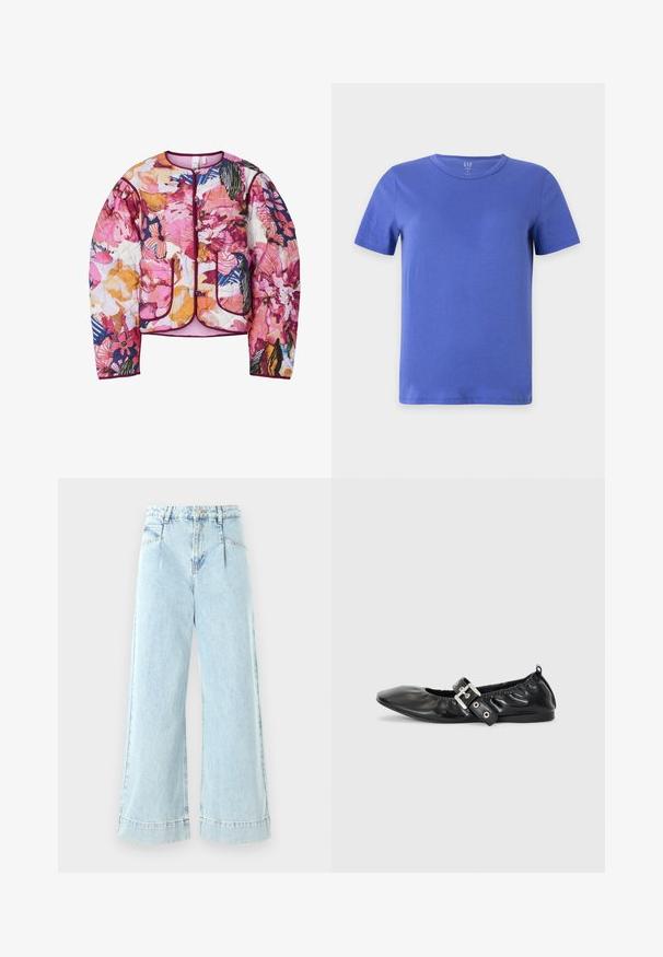 Gequilte bomberjack met een meerkleurig bloemmotief in roze, oranje en blauw, voorzien van geribbelde manchetten en twee voorzakken.; Effen blauw T-shirt met korte mouwen en ronde hals, getoond op een witte achtergrond.; Lichtblauwe wijde jeans gemaakt van denim, met een hoge taille, voorzakken en gestikte accenten aan de zoom.; Zwarte leren platte schoen met een spitse neus, geplooide details rond de opening en een zilveren gespaccentueerde verstelbare band.