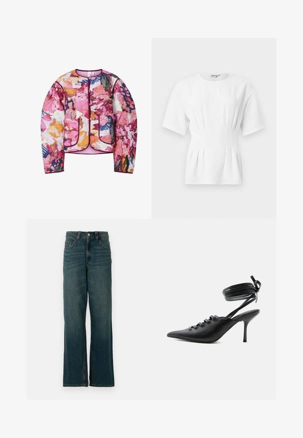Chaqueta bomber acolchada con un patrón floral multicolor en rosa, naranja y azul, con puños acanalados y dos bolsillos frontales.; Top blanco ajustado de manga corta con pliegues laterales recogidos y cuello redondo.; Jeans de mezclilla azul de pierna recta con cinco bolsillos y cierre de botón, exhibidos sobre un fondo blanco.; Zapato de tacón alto negro con punta puntiaguda, con cordones en la parte delantera y correas que rodean el tobillo atadas con un lazo, mostrado de lado sobre un fondo blanco.