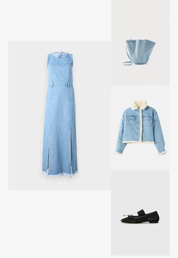 Svetlomodrá džínová bunda s bielym sherpa podšívkou na golieri, manžetách, prednej časti a leme, s uzatváraním na gombíky a náprsními vreckami so klopou.; Denim maxi šaty v svetlom modrom odtieni, bez rukávov s okrúhlym výstrihom, obsahujúce dva bočné rozparky a roztrhnutý lem.; Čierna plochá obuv s špicatou špičkou, vyrobená z texturovanej látky, s ozdobou v tvare mašle a malým, okrúhlym opätkom. Elastický popruh okolo členka.; Svetlomodrá látková taška do ruky s dlhým popruhom, širokým horným otvorom a zošitými vertikálnymi švami, umiestnená na jednoduchom bielom pozadí.