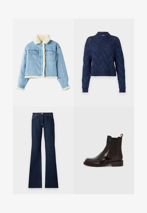 Lichtblauwe denimjack met witte sherpa voering op de kraag, mouwen, voorkant en onderrand, voorzien van knoopsluiting en borstzakken met klep.; Henrik Vibskov Trui - flat navy; Donkerblauwe uitlopende jeans gemaakt van denim, met een vijf-vakken ontwerp, riemlussen en contrasterende gele stiksels langs de naden.; Bruine leren Chelsea-boots met een geperforeerd paneel, elastische zijkant en een lage hak. Gladde oppervlak met een glanzende afwerking.