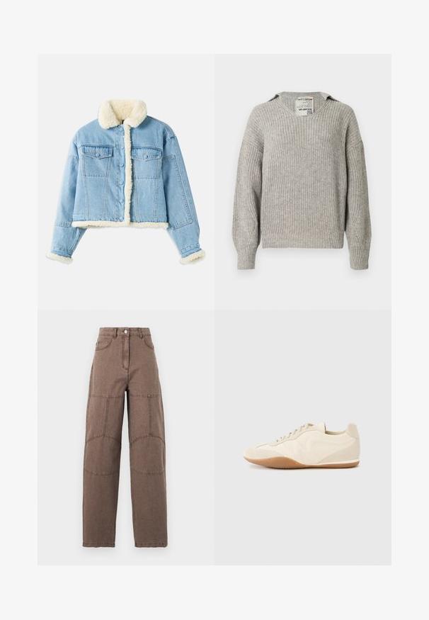 Veste en denim bleu clair avec doublure en sherpa blanche au col, aux poignets, à l'avant et à l'ourlet, dotée d'une fermeture à boutons et de poches à rabat sur la poitrine.; Pull en tricot gris clair avec col en V, coupe ample, épaules tombantes et poignets côtelés. Le tissu présente un motif texturé.; Pantalon marron taille haute à jambes droites avec des patchs visibles aux genoux, fermeture à boutons sur le devant et poches avant, présenté sur un fond uni.; Baskets beige clair avec une tige en cuir texturé, des panneaux latéraux texturés et une semelle en caoutchouc. Dotées d'un design fin et épuré ainsi que de lacets plats.