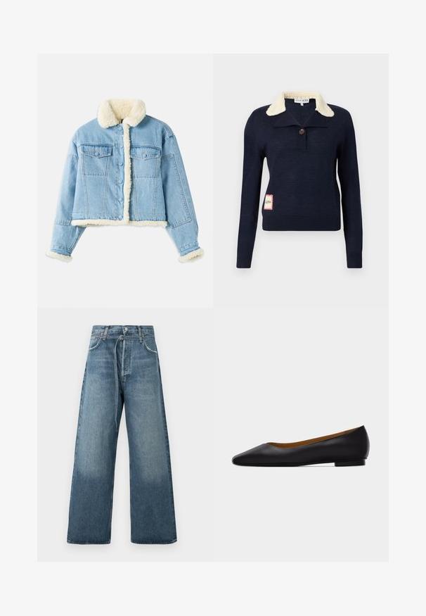 Lichtblauwe denimjack met witte sherpa voering op de kraag, mouwen, voorkant en onderrand, voorzien van knoopsluiting en borstzakken met klep.; Marineblauwe trui met lange mouwen, een crèmekleurige textuurkraag, een enkele knoop bij de hals en een klein rechthoekig patch aan de onderzijde.; Wijdvallende blauwe jeans in een vervaagde wasshow, gemaakt van denim met zichtbare stikselaccenten en een knoopsluiting bij de taille.; Zwarte leren puntschoen met lage hak en gladde afwerking, zijaanzicht op een lichtgrijze achtergrond.