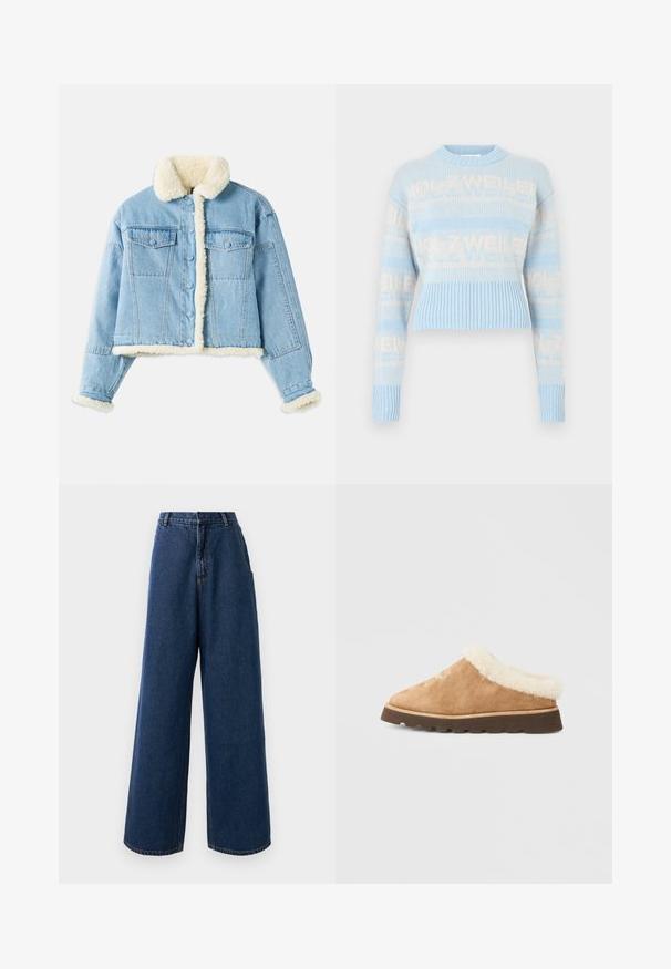 Lichtblauwe denimjack met witte sherpa voering op de kraag, mouwen, voorkant en onderrand, voorzien van knoopsluiting en borstzakken met klep.; Gehaakte trui in lichtblauw met crème logo tekst. Voorzien van geribbelde zoom en manchetten, lange mouwen en een ronde hals. Kort model.; Hoge taille wijde jeans in donkerblauwe denim met een sluiting aan de voorkant met knoop en rits, riemlussen en zijzakken.; Bruine suede pantoffel met een fluffy crème schapenwol binnenvoering en een getextureerde bruine rubberen zool. Heeft een spitse neus en subtiele stiksels.
